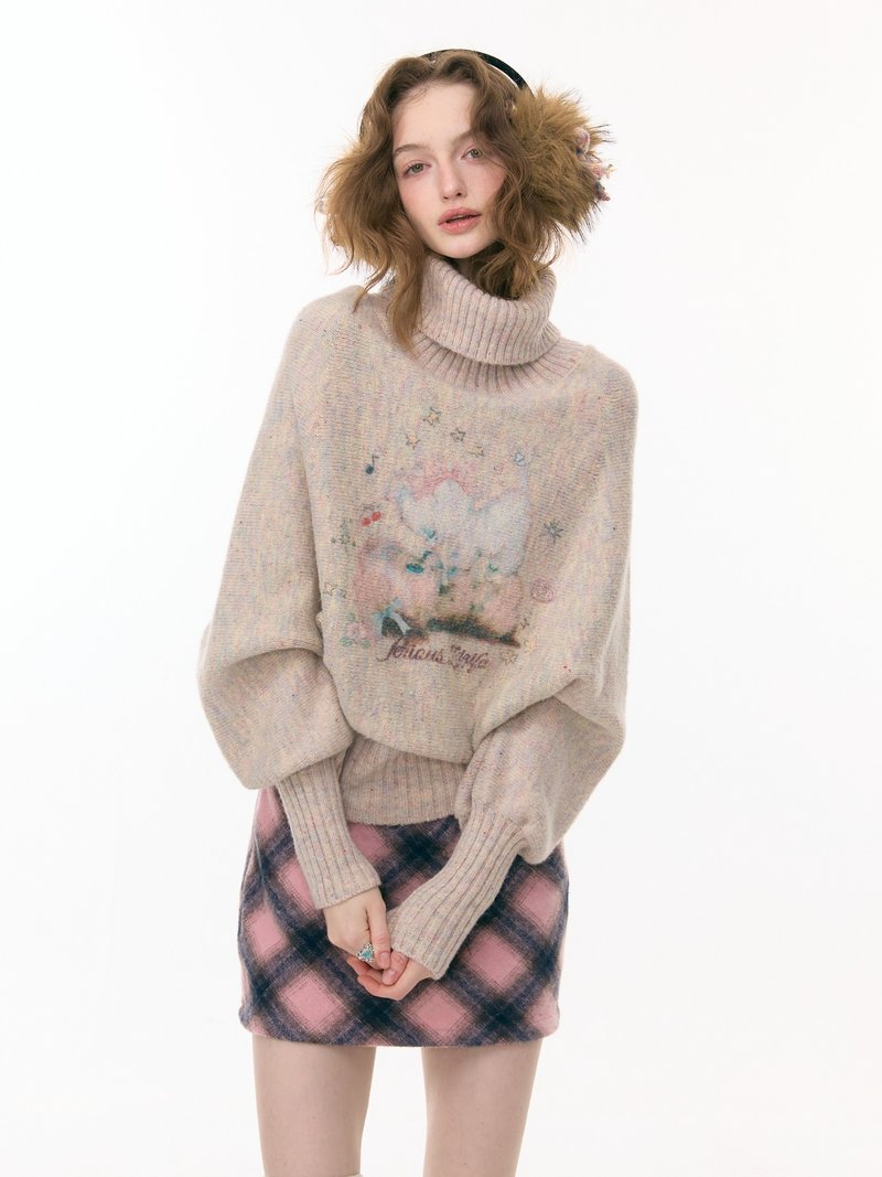 ziziFei''猫狗诗集''秋冬设计感高领蝙蝠袖印花杏色慵懒风毛衣女 - 女装上衣 - 其他材质 