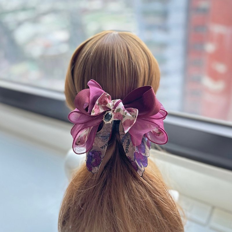 卷边纱蕾丝蝴蝶结相交夹香蕉夹仙女夹发夹-紫红色 - 发饰 - 其他材质 紫色