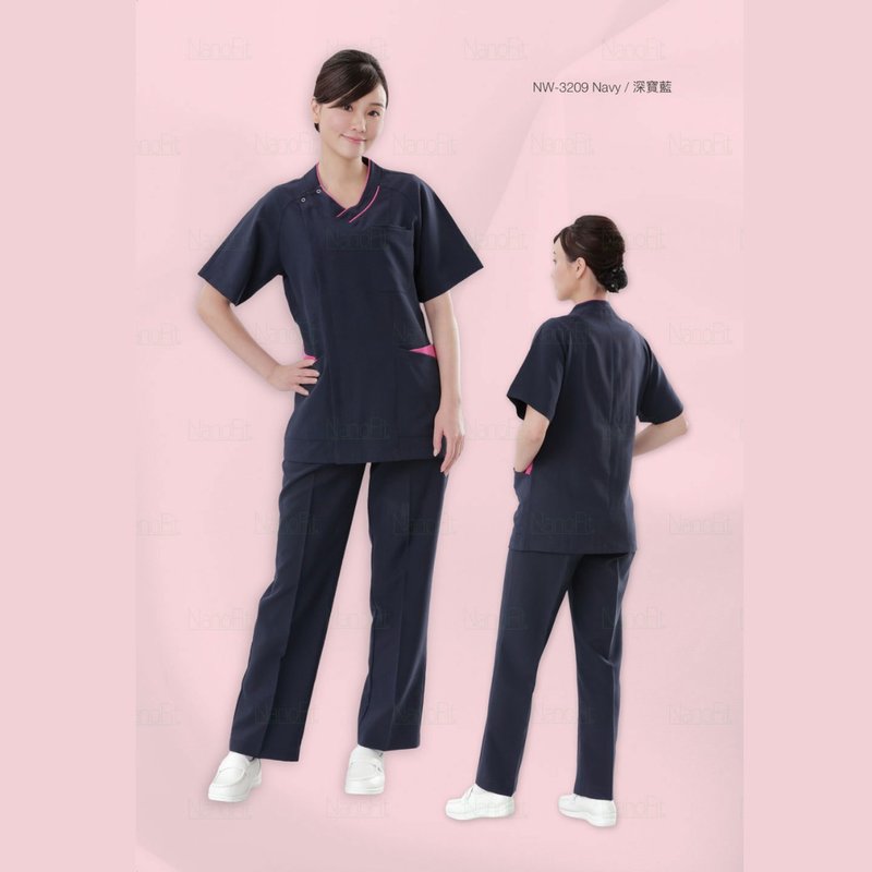 牛角袖松身拉链抗菌护士护理员牙医短袖上衣医美诊所制服NW3209 - 女装上衣 - 聚酯纤维 蓝色