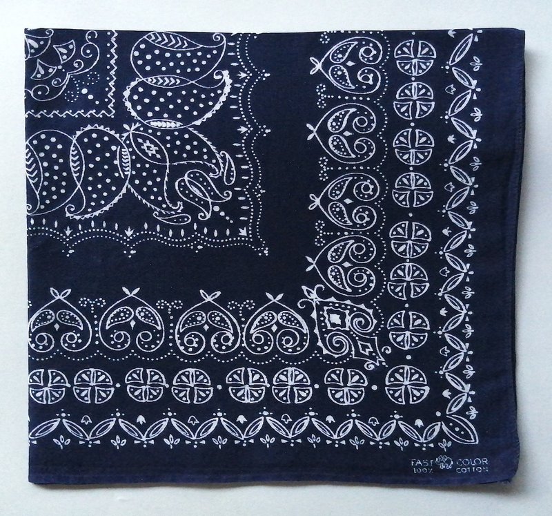 复古靛蓝印花蓝色头巾 21 x 20 英寸 50s 大象图腾 纯棉 - 丝巾 - 棉．麻 蓝色