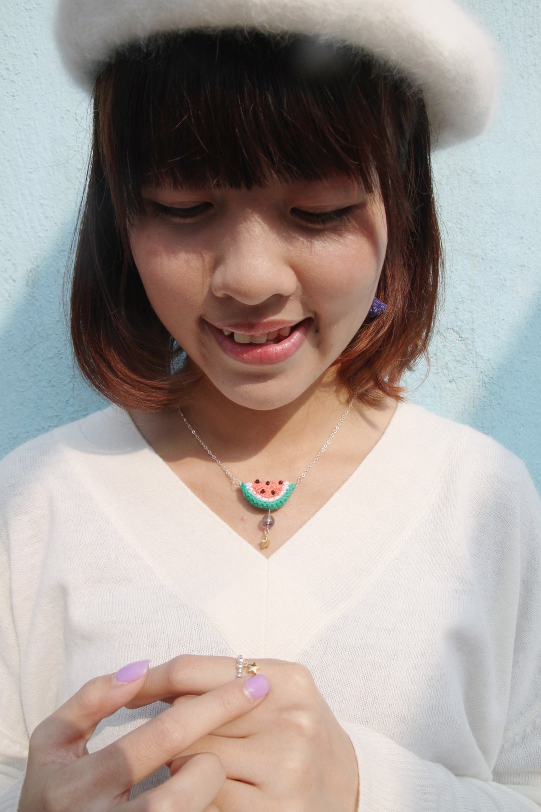 线勾西瓜， 紫蓝萤石加镀金星星 925 纯银项链 watermelon, flourite 925 silver necklace - 项链 - 宝石 红色