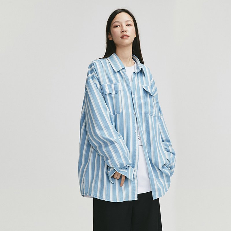 MOKACME 20FW 复古做旧竖条纹OV长袖衬衫情侣装 - 男装衬衫 - 棉．麻 蓝色