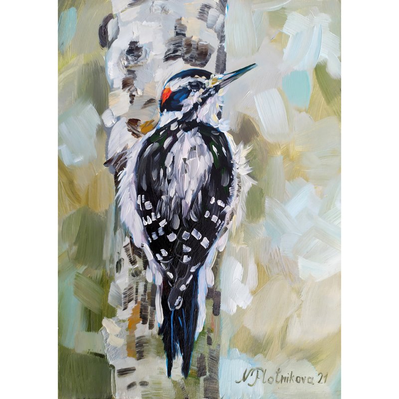 Woodpecker painting Bird Original Art Animal Artwork bird fine art oil painting - 海报/装饰画/版画 - 其他材质 多色