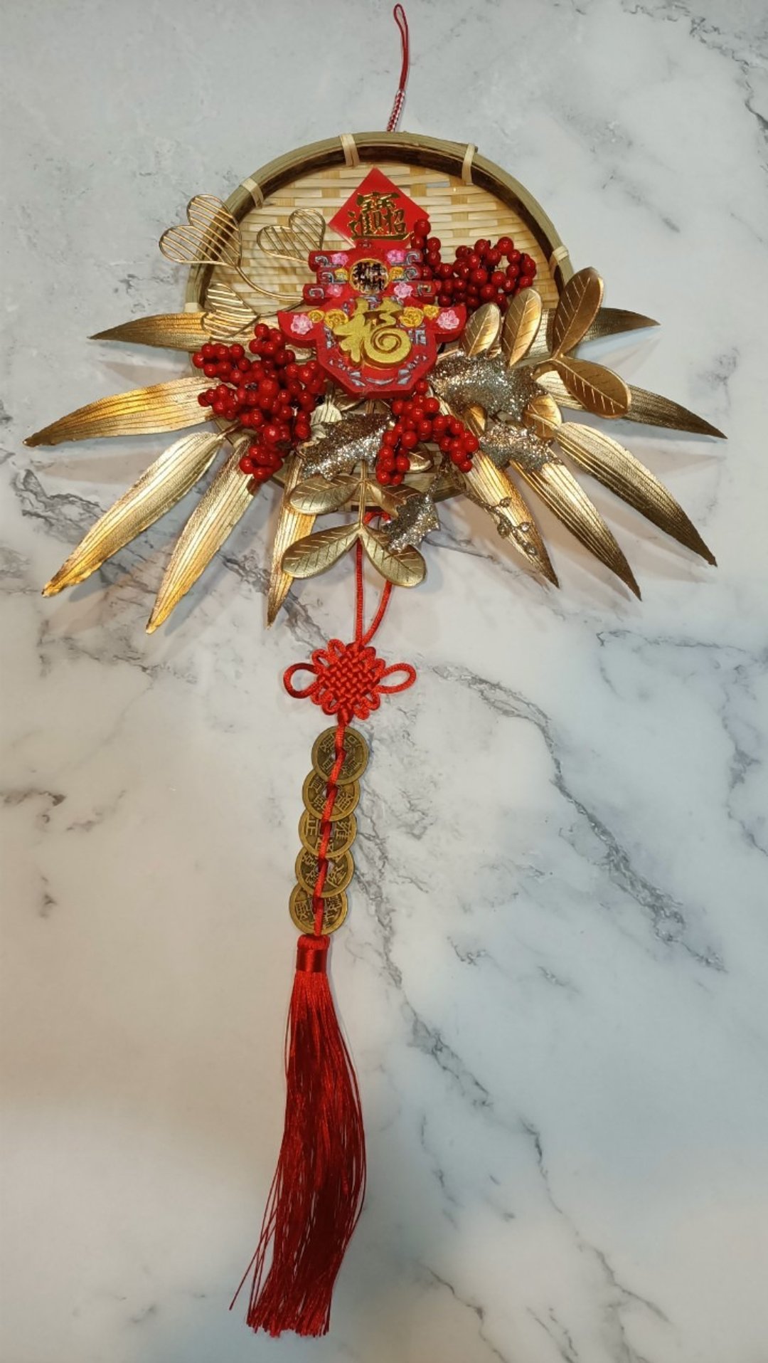 中国风编织竹筛簸箕花艺吊饰。加赠3ml招财香氛。新年快乐扩香石 - 摆饰 - 其他材质 金色