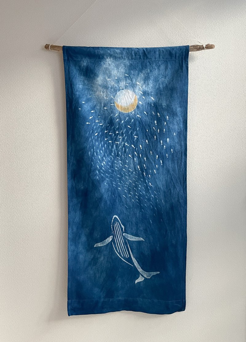 Made in Japan Hand-dyed Tapestry Sardine run, Whale & Moon 2 Indigo dyed Shibori - 墙贴/壁贴 - 棉 蓝色