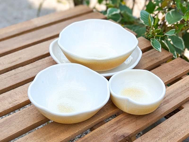 手工陶瓷4盘组、心型盘、陶碗套装 - 碗 - 陶 白色