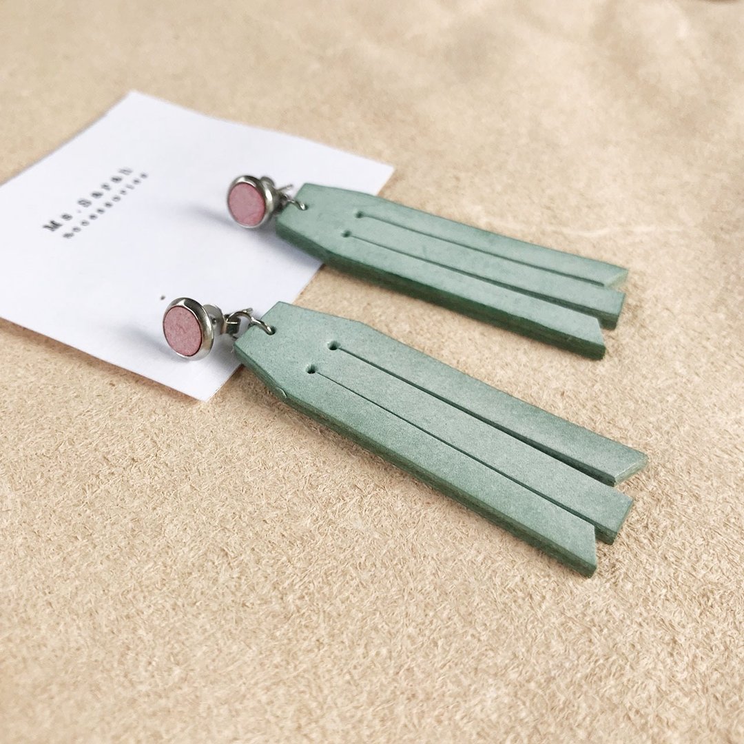 皮革耳环_圆框7号作品#6_流苏款_樱花粉搭薄荷绿(可改夹) - 耳环/耳夹 - 真皮 粉红色