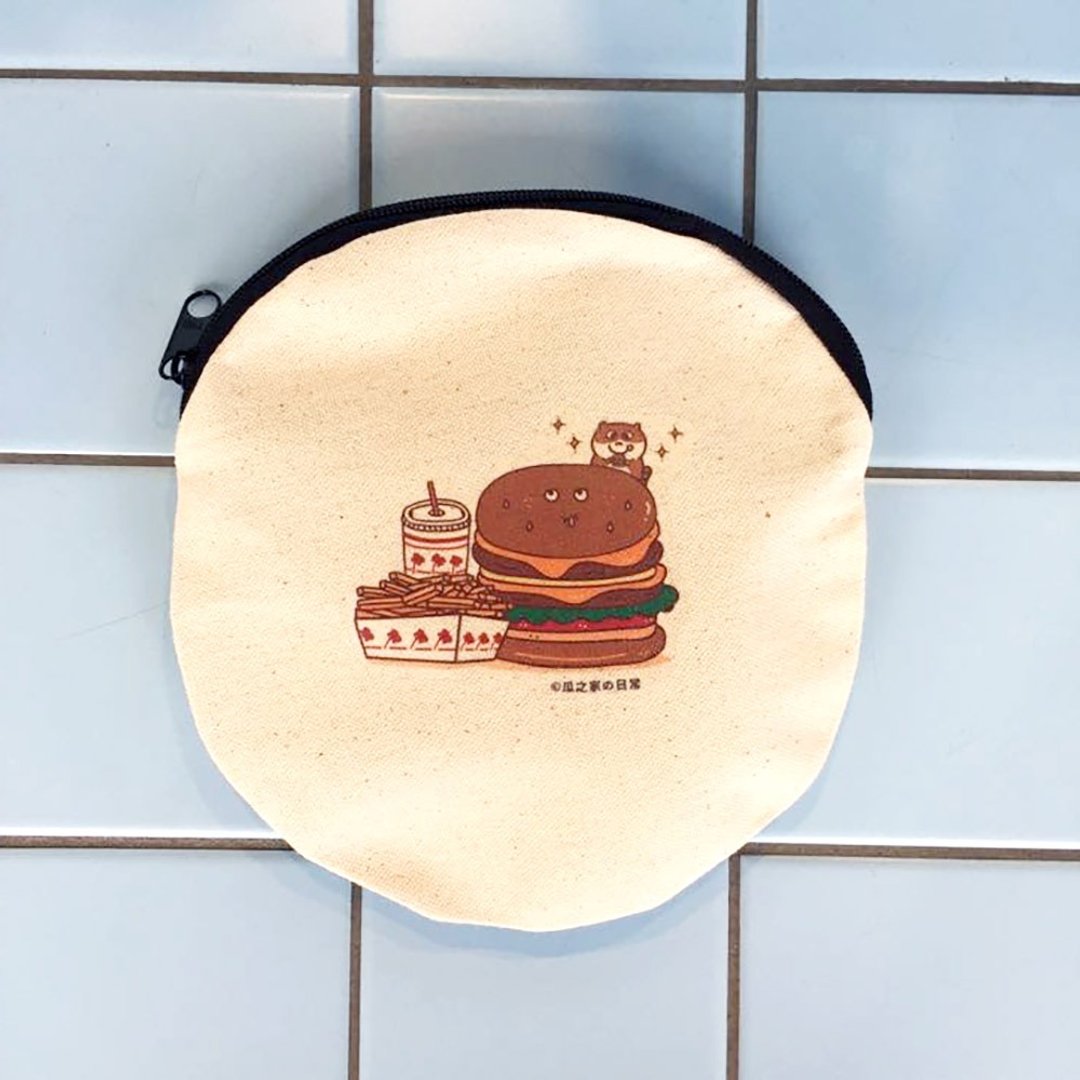 汉堡宝の日常 帆布圆型包 (化妆包) 手工印制 Make-up bag - 化妆包/杂物包 - 棉 红色