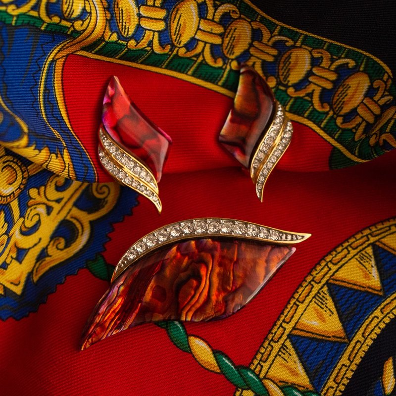 加拿大 Butler 品牌古董 绯红染色贝壳现代造型 耳夹胸针套组 - 耳环/耳夹 - 其他金属 银色