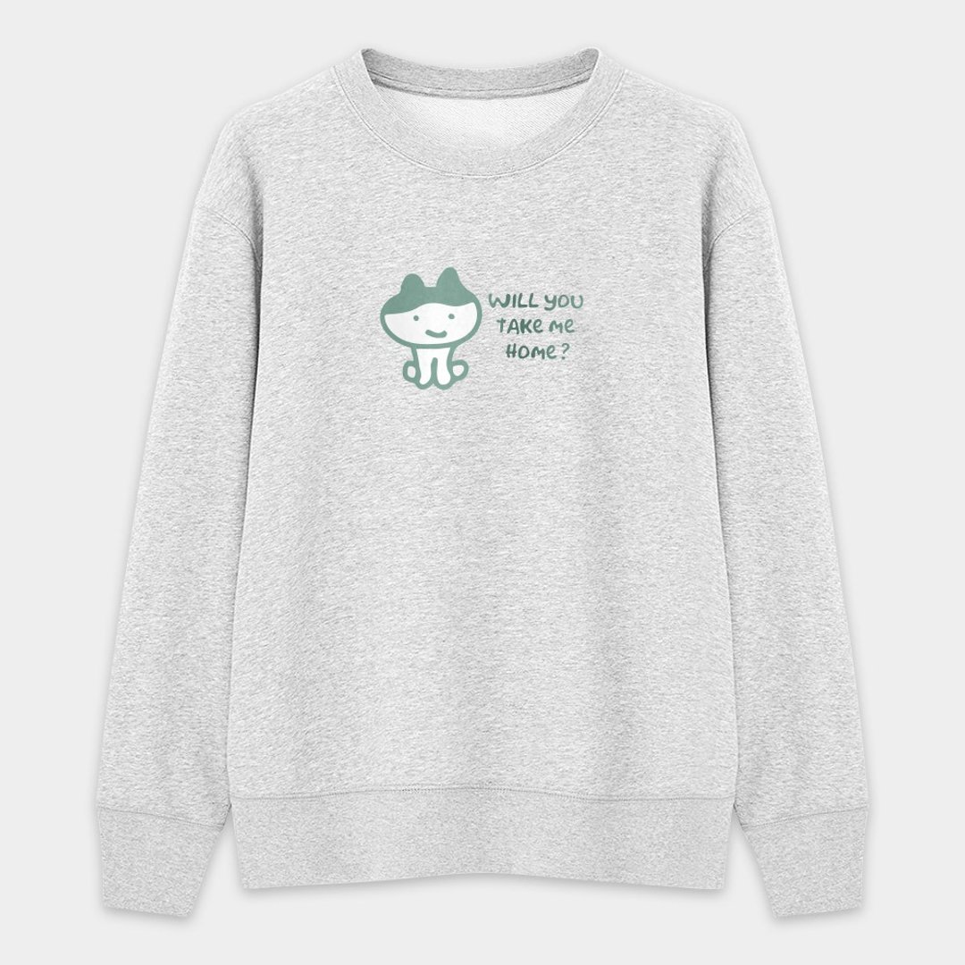 【秋冬新品】浏海猫 要带我回家吗 中性纯棉大学T PU017 - 中性连帽卫衣/T 恤 - 棉．麻 灰色