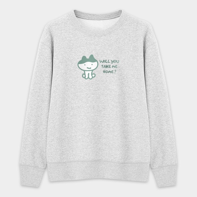 【秋冬新品】浏海猫 要带我回家吗 中性纯棉大学T PU017 - 中性连帽卫衣/T 恤 - 棉．麻 灰色