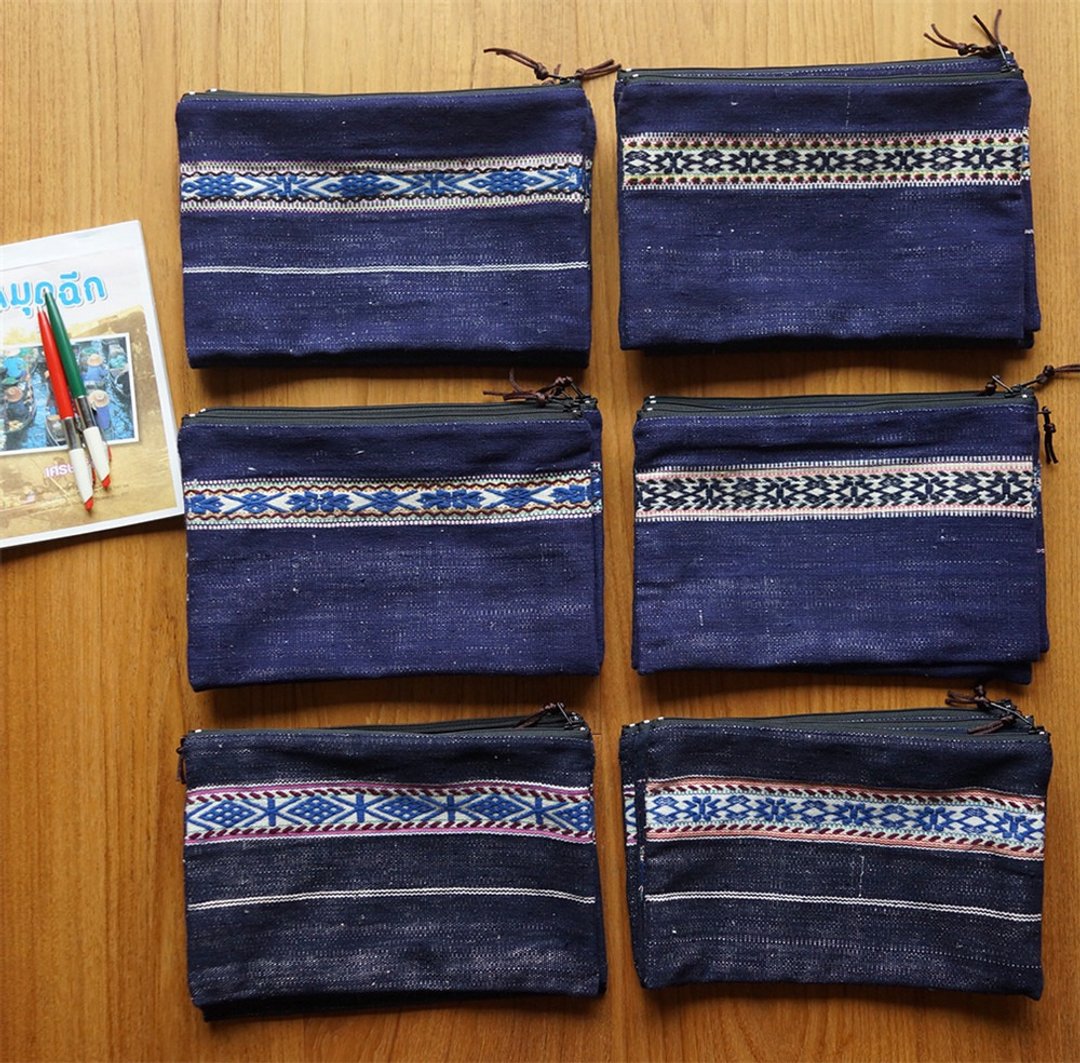 肌理花紋 手工織布 老布制作 拉鏈款 文具袋化妝品收納筆袋雜物袋 - 化妆包/杂物包 - 棉．麻 蓝色