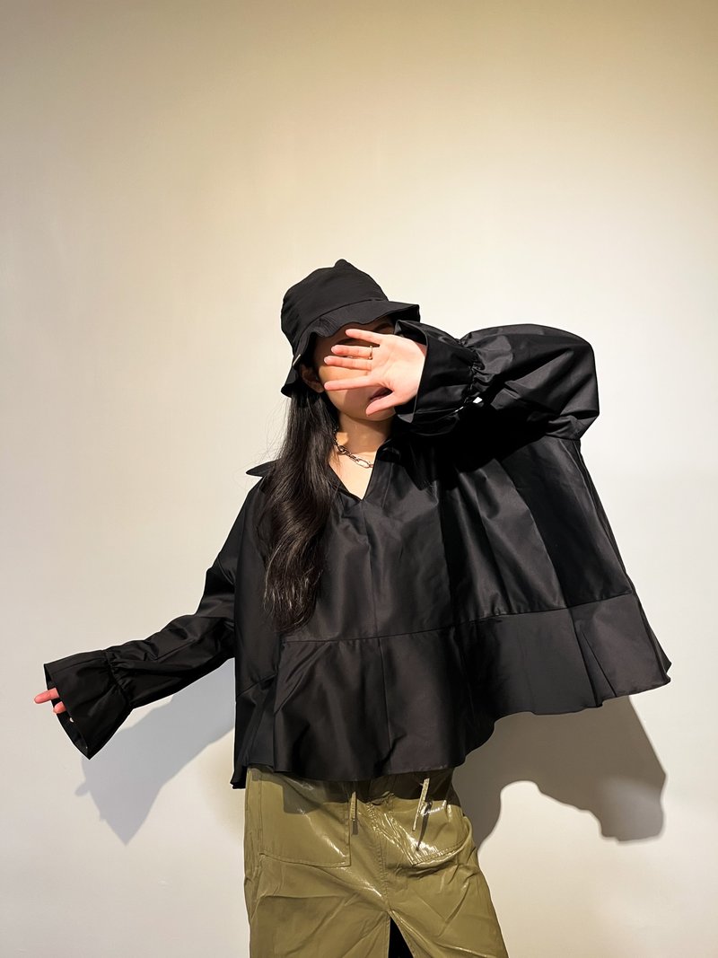 V- shape ruffle collar long sleeves top - 女装上衣 - 聚酯纤维 黑色