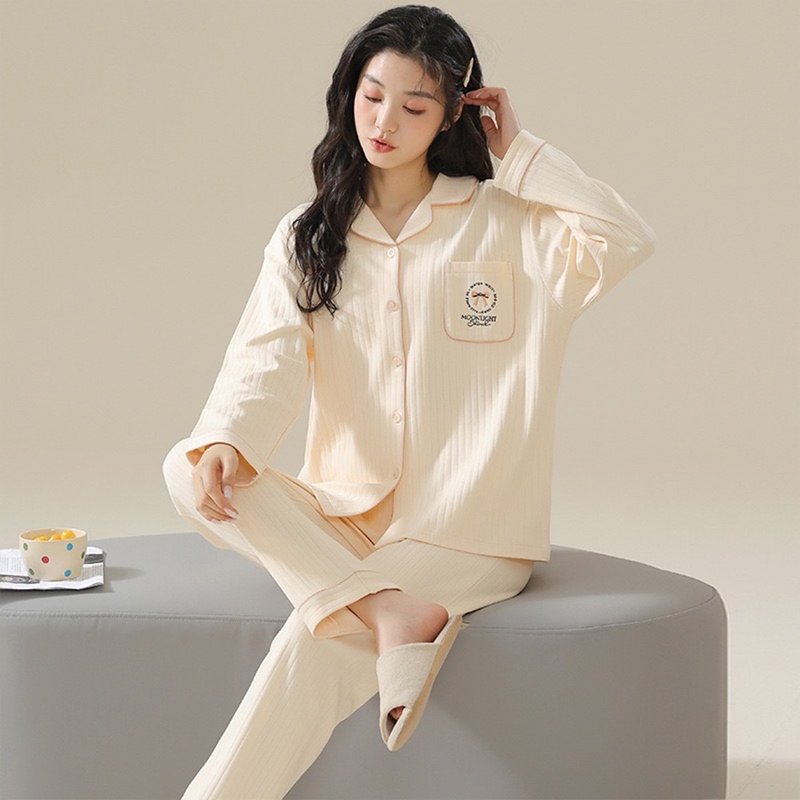 Pink Lady 排扣式 香芋奶盖 印花宽版 秋冬长袖成套睡衣 居家服 - 居家服/睡衣 - 其他人造纤维 黄色