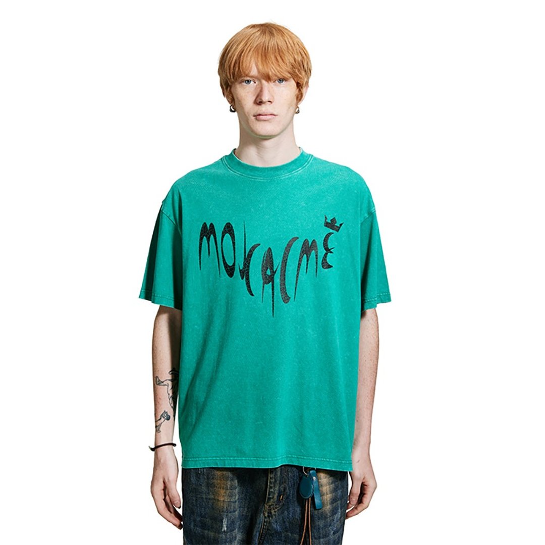 MOKACME 24SS 春夏新品潮流爆裂纹印花复古做旧洗水纯棉短袖T恤 - 男装上衣/T 恤 - 棉 绿色