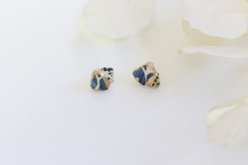 京烧・清水烧 金继 医疗级不锈钢耳针 犬纹玛瑙 天然石 传统工艺 a6 - 耳环/耳夹 - 陶 蓝色