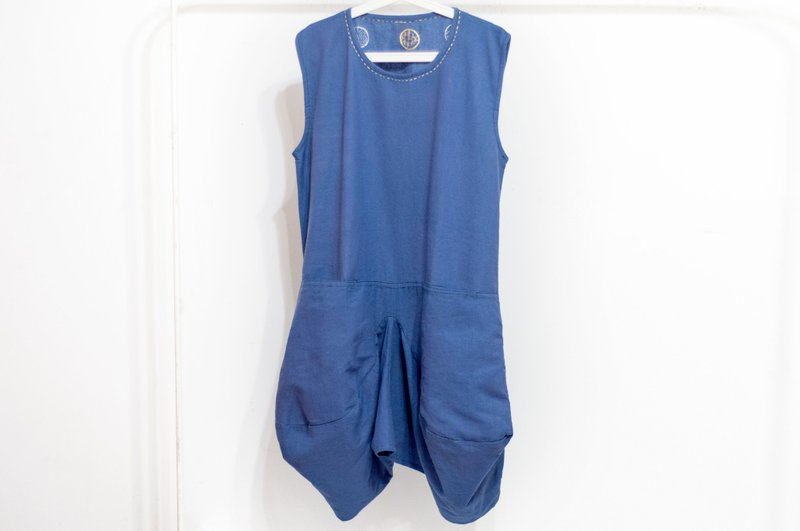 纯棉麻洋装/民族风洋装/刺绣洋装/手工不规则洋装-无印良品风蓝色 - 洋装/连衣裙 - 棉．麻 蓝色