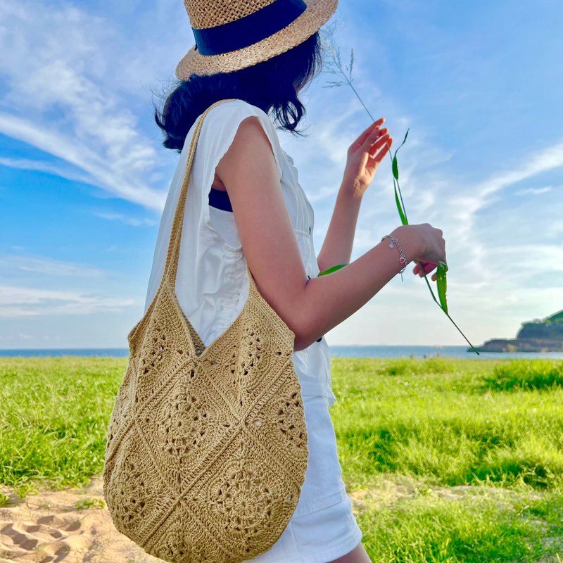 海风吹拂・钩花拼接水滴包 编织包  侧背包/斜背包 - 侧背包/斜挎包 - 棉．麻 