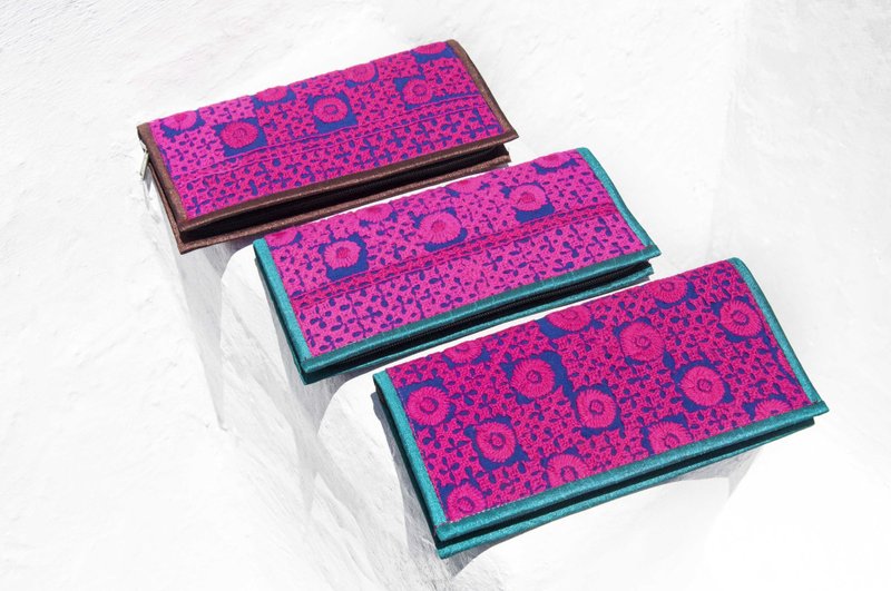 手工刺绣钱包 民族风长夹 刺绣皮夹 手工蕾丝长夹-沙漠蕾丝刺绣风 - 皮夹/钱包 - 棉．麻 粉红色