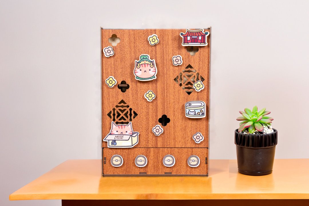 【不伤心福利品】DIY 手作 喵好神 招财 分类存钱筒 自动分零钱 - 储蓄罐 - 木头 咖啡色