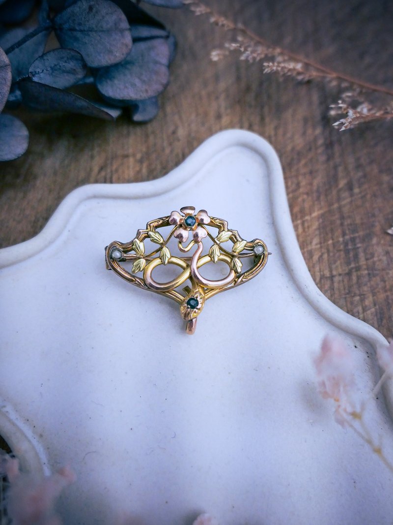 ORIA 法国新艺术 蛇与花双色厚镀金胸针—欧洲古董首饰 Vintage - 胸针 - 其他金属 金色