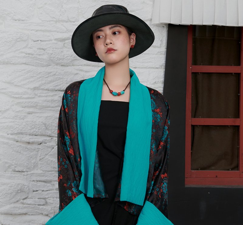 【纳木林】新中式复古藏风/织锦缎汉服上衣 - 女装上衣 - 其他材质 蓝色