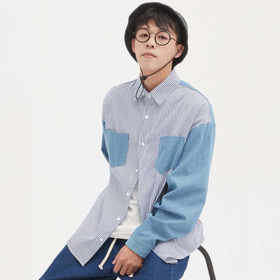A蓝色牛仔外套拼接条纹衬衣长袖学院风工装情侣衬衫 - 男装衬衫 - 棉 蓝色