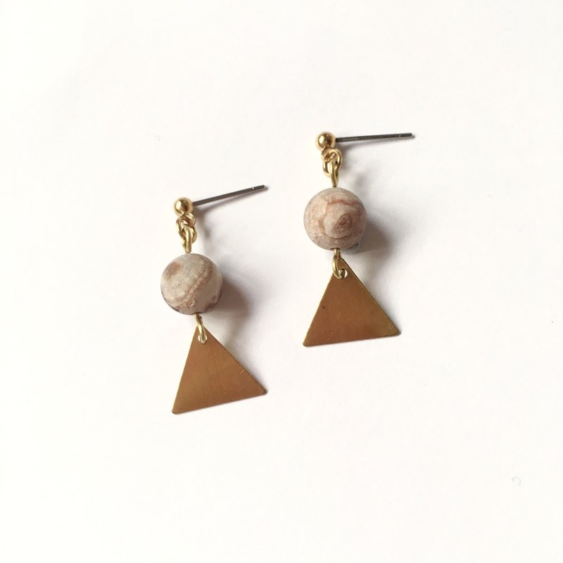 Brilliant◆[砂石系列] 木星天然石玛瑙砂面三角黄铜耳环 耳针 耳夹 - 耳环/耳夹 - 宝石 卡其色
