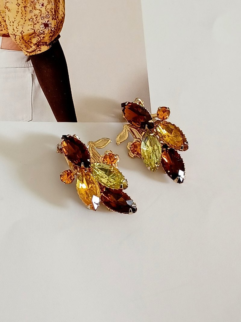 vintage jewelry 古董大地色系莱茵花簇夹式耳环 - 耳环/耳夹 - 其他金属 