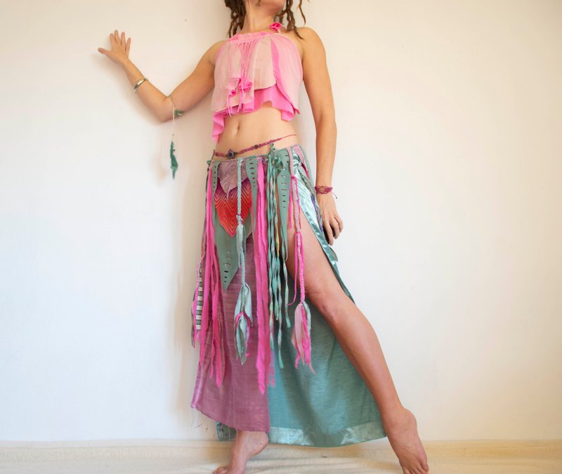 粉绿色日系可爱风拼接裙，奇幻节庆服饰 - 裙子 - 其他材质 粉红色