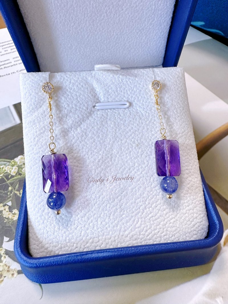 紫水晶丹泉石垂坠式耳环 - 耳环/耳夹 - 纯银 金色