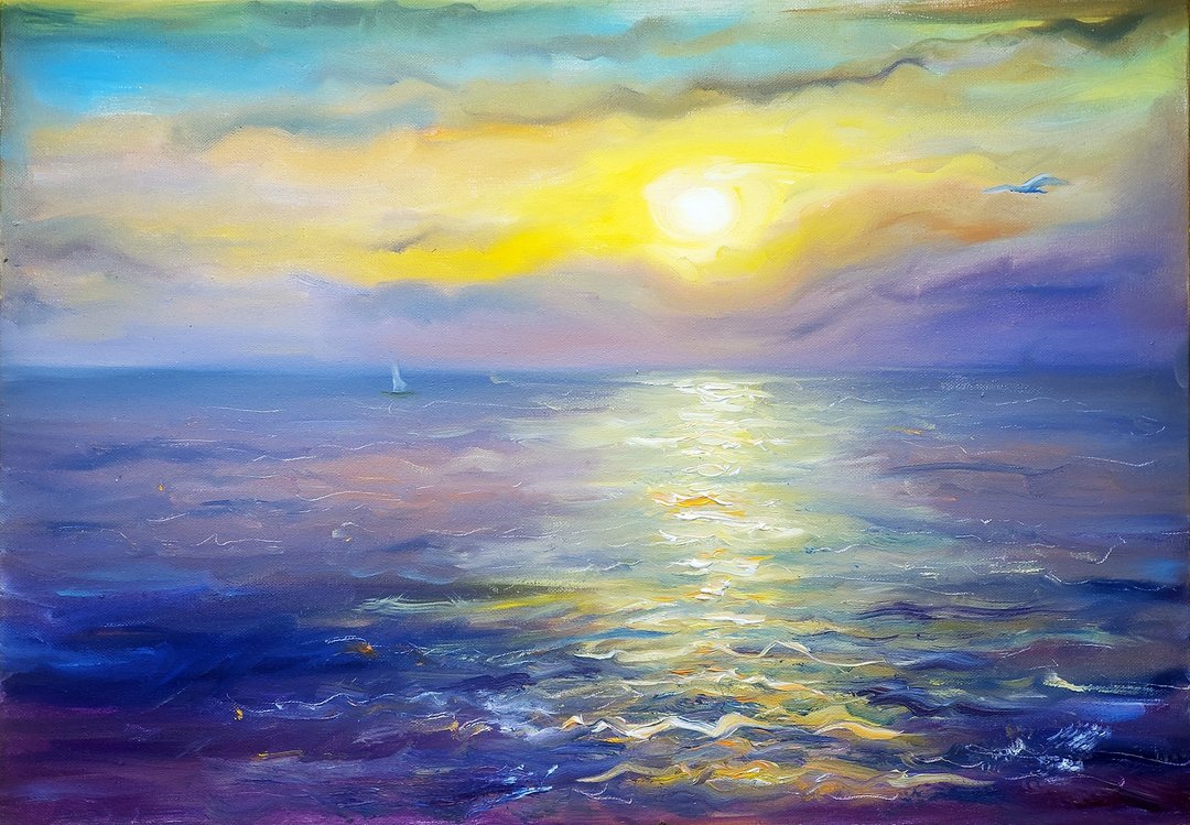 海上日落，布面海景油画，原创艺术品 - 墙贴/壁贴 - 其他材质 多色