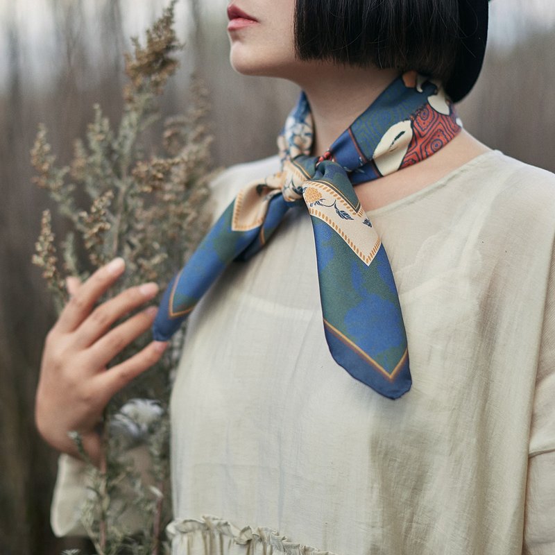 明亮的星2 薮猫印花65X65中方巾 古典绿 - 丝巾 - 丝．绢 绿色