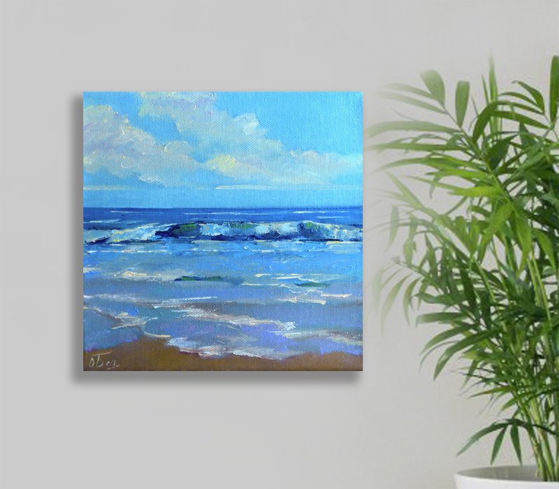 与大海绘画, 海景油画, 原创艺术, 海洋绘画, 小艺术, 海浪油画 - 海报/装饰画/版画 - 棉．麻 蓝色