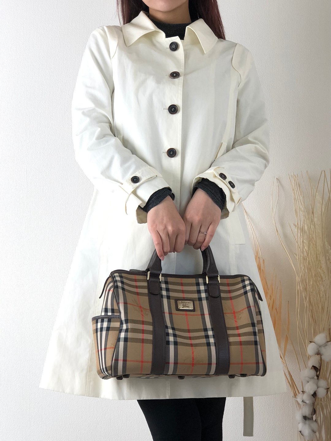 【日本直送，名牌包装】BURBERRY 经典格纹Logo帆布波士顿包棕Vintage 7nif54 - 手提包/手提袋 - 真皮 咖啡色