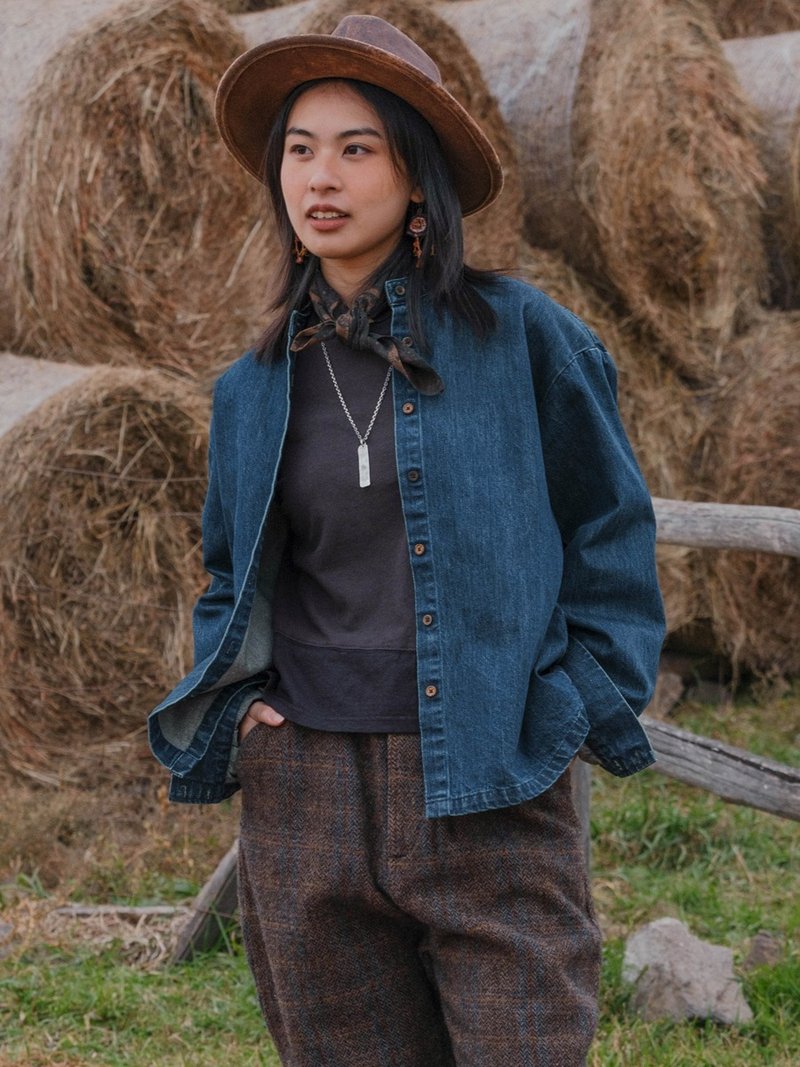靛藍 純棉立領肌理牛仔襯衣 工裝長袖襯衫 - 女装衬衫 - 棉 蓝色