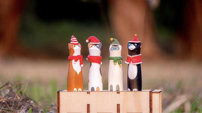 木头动物 | 圣诞木头猫_圣诞交换礼物 猫奴猫咪疗愈 - 玩偶/公仔 - 木头 多色