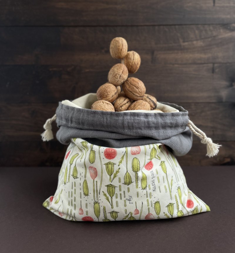 Reusable Drawstring Linen Floral Bread bag, Bread Storage, Gift for Mom - 调味罐/酱料瓶 - 亚麻 灰色