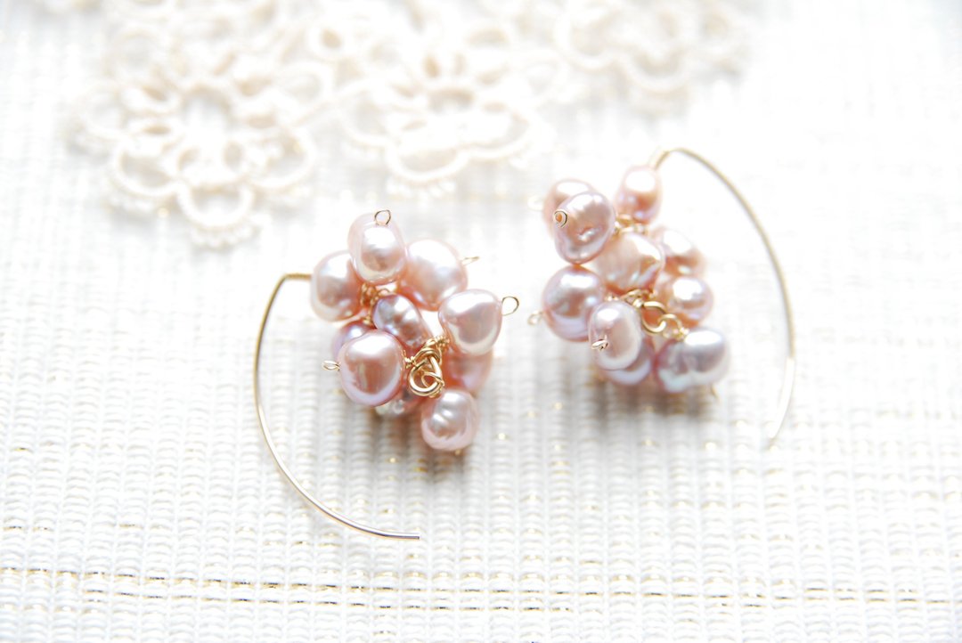 Mauve Pink Baroque Pearl Marquis Hook Earrings 14kgf - 耳环/耳夹 - 珍珠 粉红色