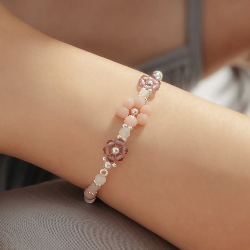花语时光 | 粉欧珀 紫尖晶 贝珠 红木纹 粉水晶 | 编织水晶手链 - 手链/手环 - 水晶 粉红色
