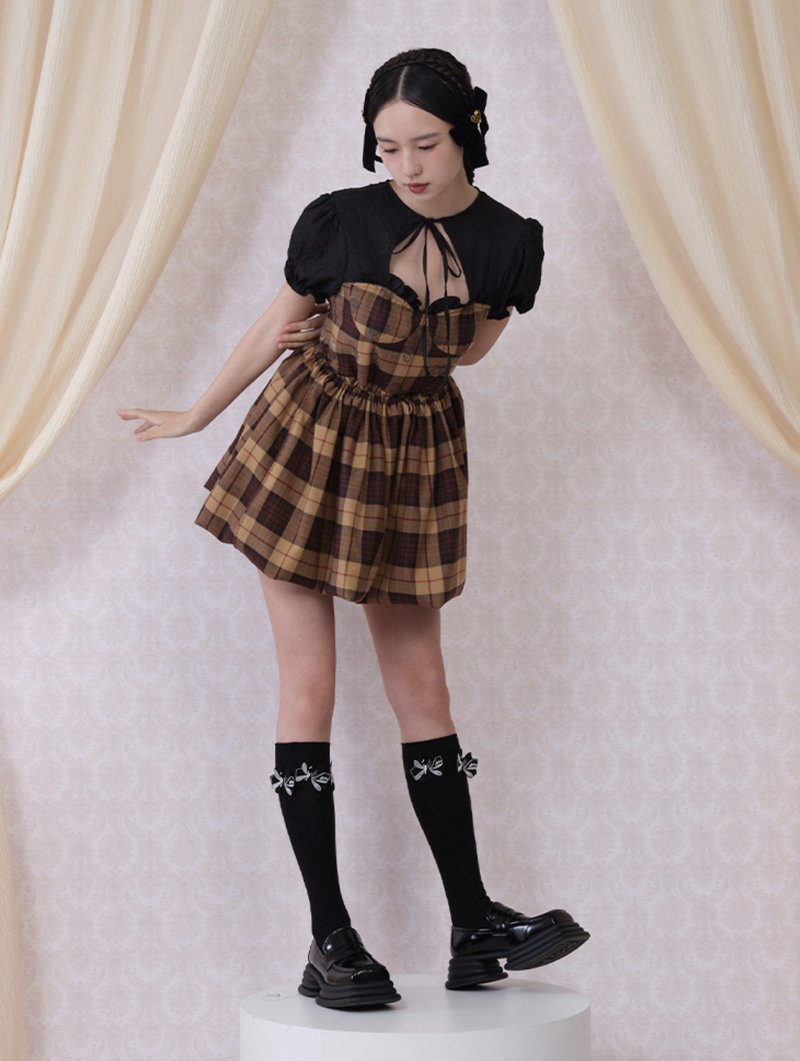 复古棕玫瑰长洋裝 灯笼裙 - 洋装/连衣裙 - 其他材质 