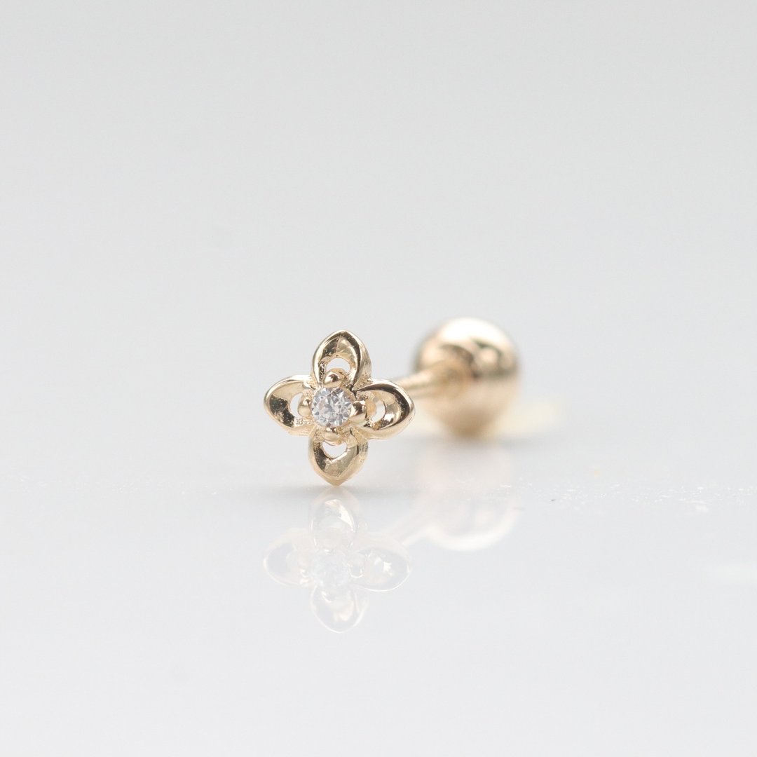 14K 四叶钻锁珠耳环 (单个) 耳骨 耳窝  洗澡碰水不褪色 - 耳环/耳夹 - 贵金属 金色