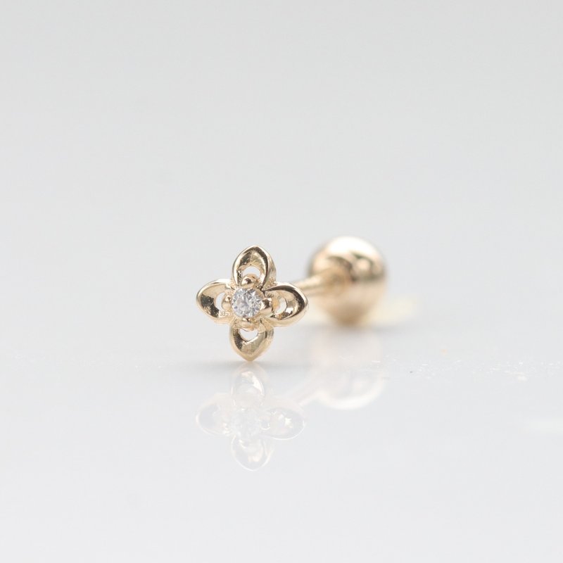 14K 四叶钻锁珠耳环 (单个) 耳骨 耳窝  洗澡碰水不褪色 - 耳环/耳夹 - 贵金属 金色