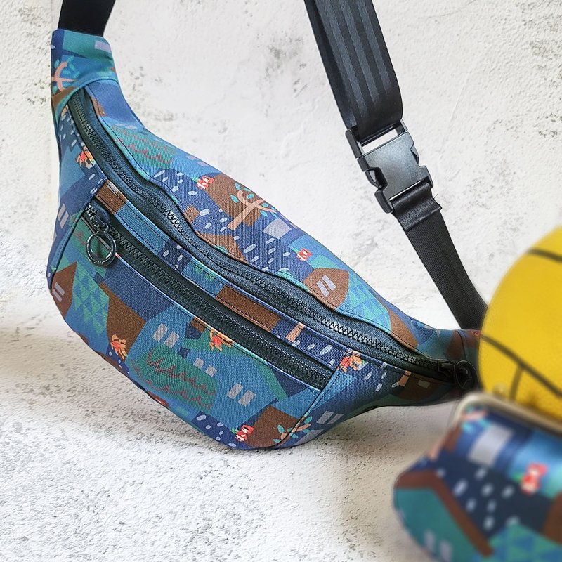 防泼水 月亮腰包 斜背包 胸包 登山 - 欧洲童话小屋 深蓝色 - 侧背包/斜挎包 - 棉．麻 蓝色