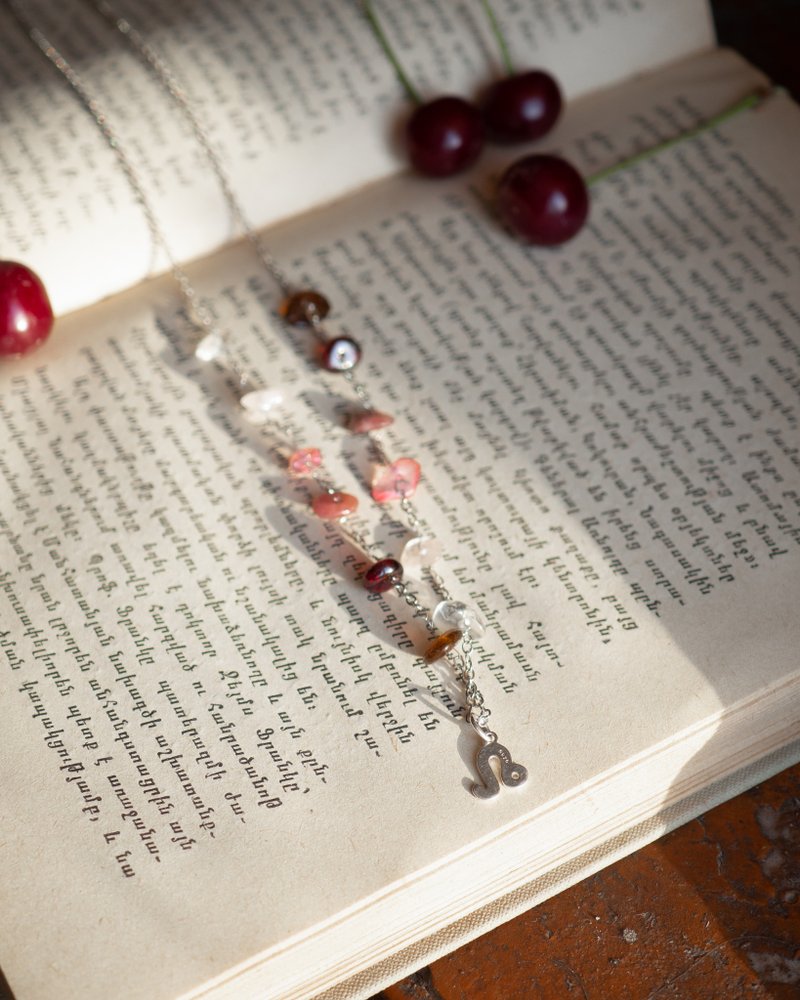 狮子座925纯银项链，原矿碧玺、石榴石、蔷薇石英，附狮子座坠饰 - 项链 - 宝石 多色