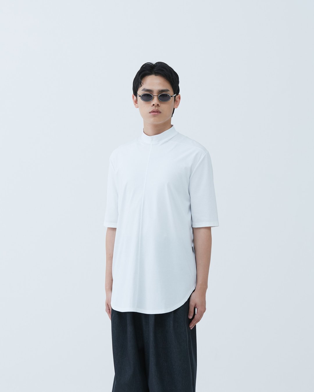 中高领剪接Tee High-neck T-shirt - 男装上衣/T 恤 - 棉 白色