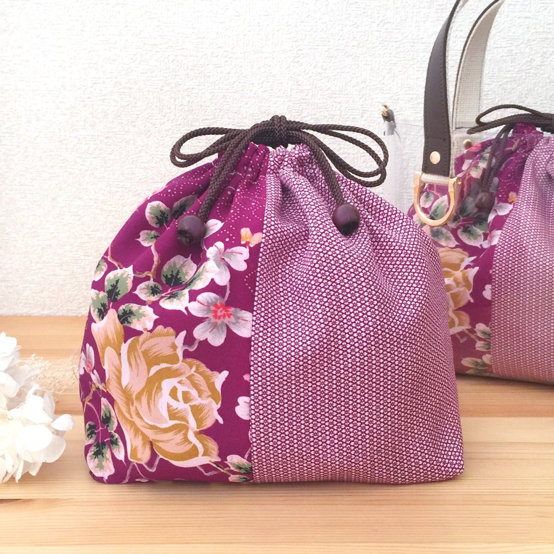 Drawstring Bag - Carefully Selected Kimono - for Clear Tote Bag - 化妆包/杂物包 - 丝．绢 紫色