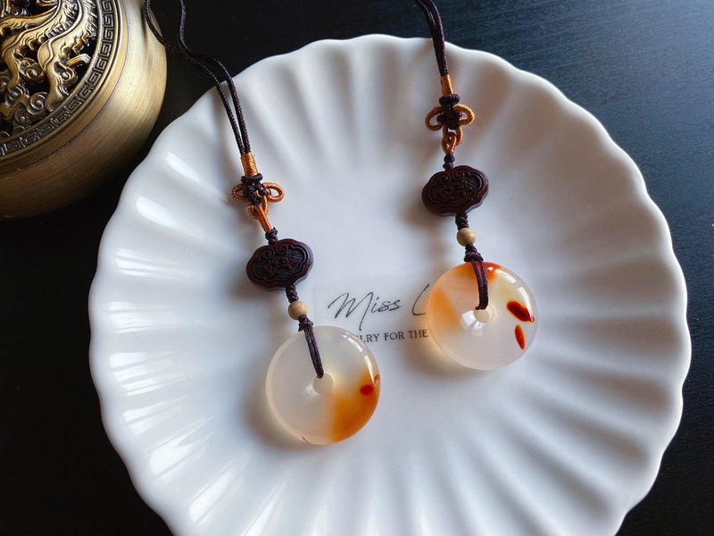 【售出】天然玛瑙 平安扣 沉香 平安福禄 天然石 礼物 包挂 吊饰 - 挂绳/吊绳 - 水晶 橘色