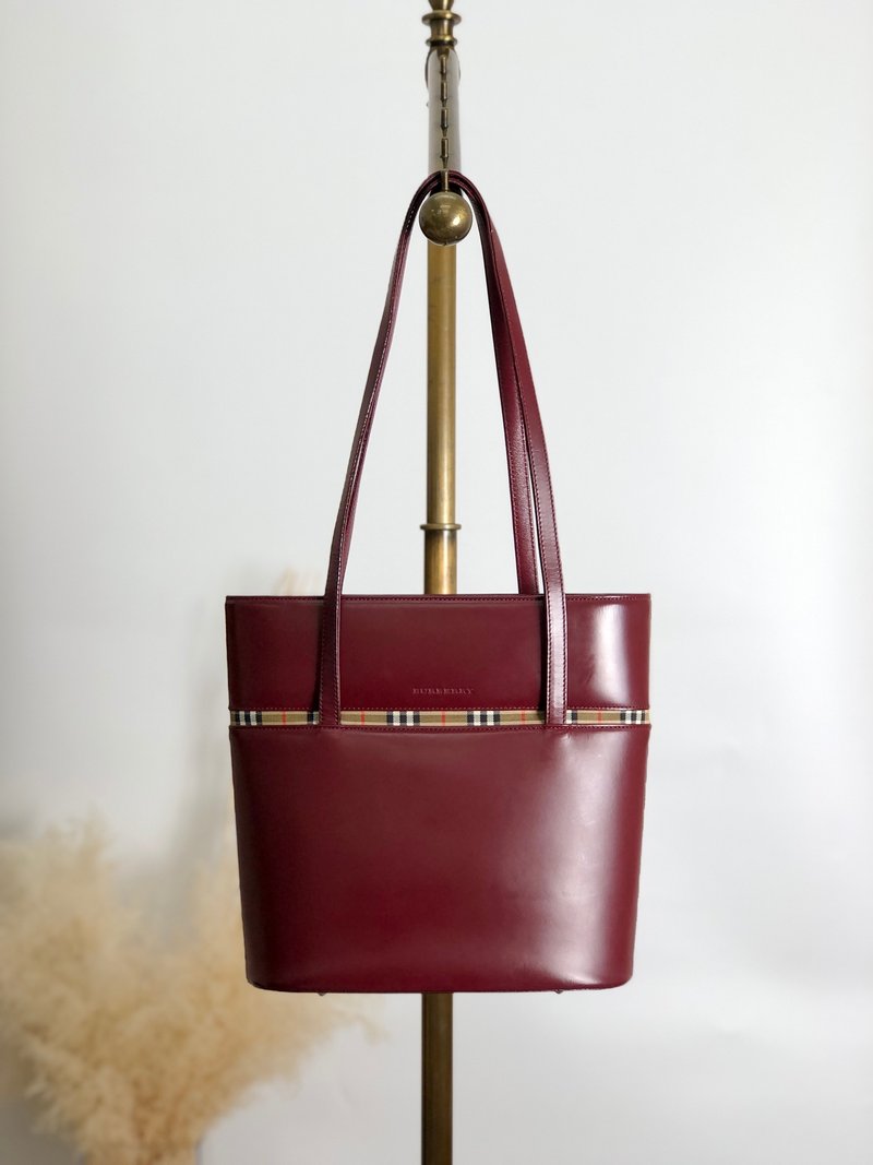 【日本直送 品牌二手包】BURBERRY博柏利格纹托特包 波尔多皮革 复古 旧款 aaauzv - 手提包/手提袋 - 真皮 红色