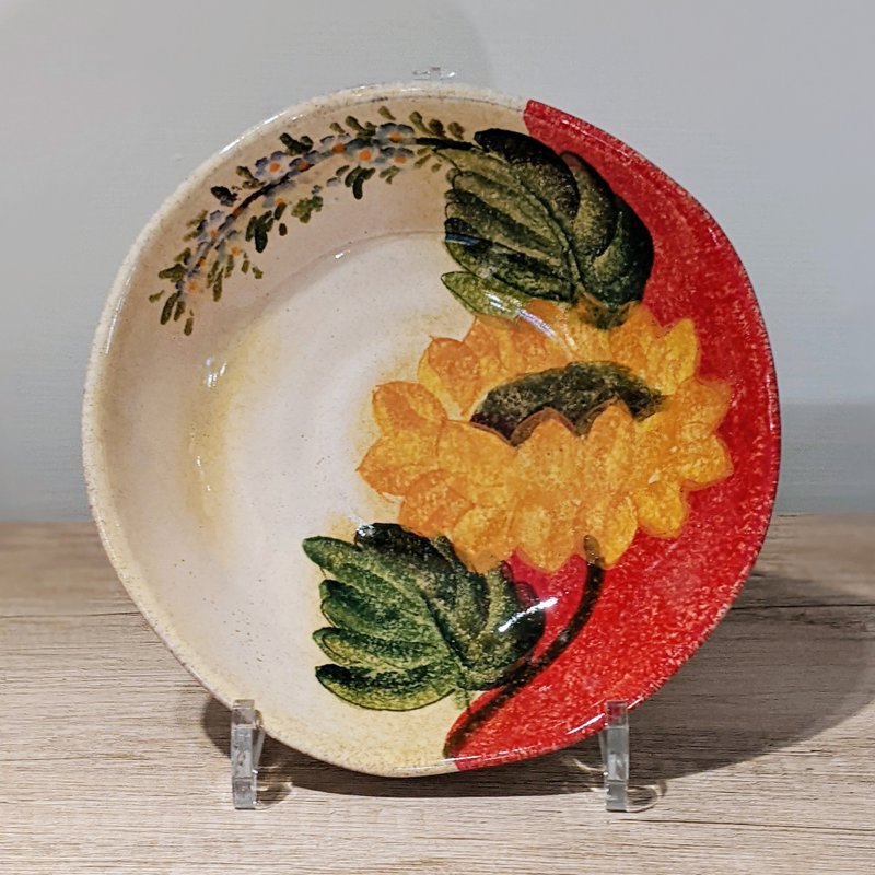 意大利手工陶- TF花开之地 深盘 19cm - 盘子/餐盘/盘架 - 陶 红色